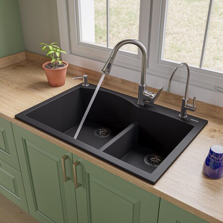 Alfi Brand Black 33" Dbl Bowl Drop In Granite Composite Kitchen Sink AB3320DI-BLA